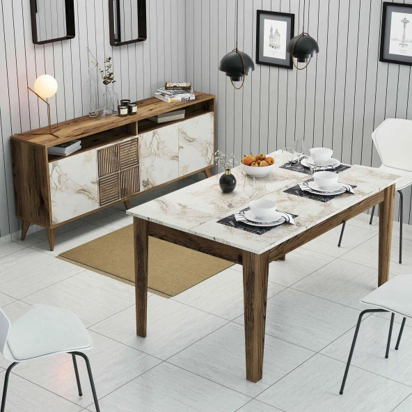 Variant Mobilya Milan Yemek Odası Takımı - Ceviz / Beyaz Mermer ürün görseli 1