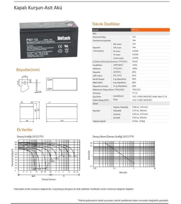 Unitech 12V-7Ah Bakımsız Kuru Akü - Resim 2