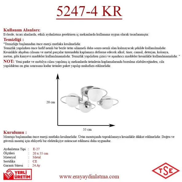 Eray Aydınlatma 4 lü Opal Camlı Krom Avize - Resim 3