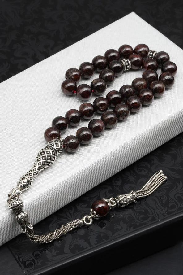 Garnet - Lal Doğal Taş Tesbih 925 Ayar Gümüş 8 mm Küre Kesim ürün görseli 1