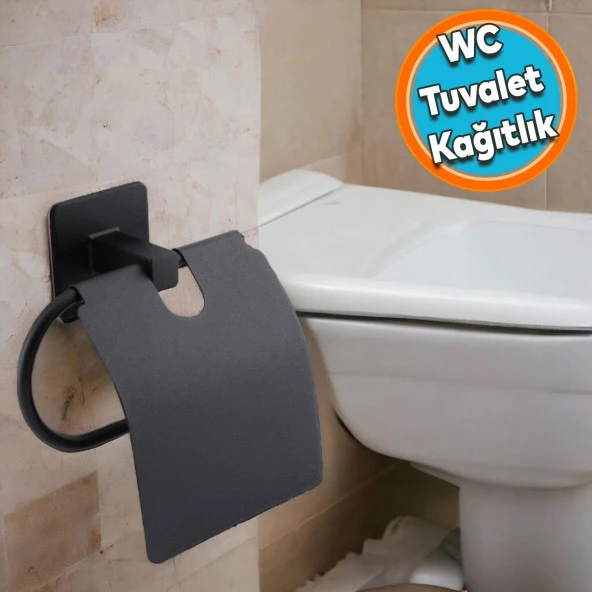 Tuvalet Kağıtlık Yapışkanlı Kapaklı Aparat WC Kağıt Standı Paslanmaz Metal Sağlam Siyah ürün görseli 1