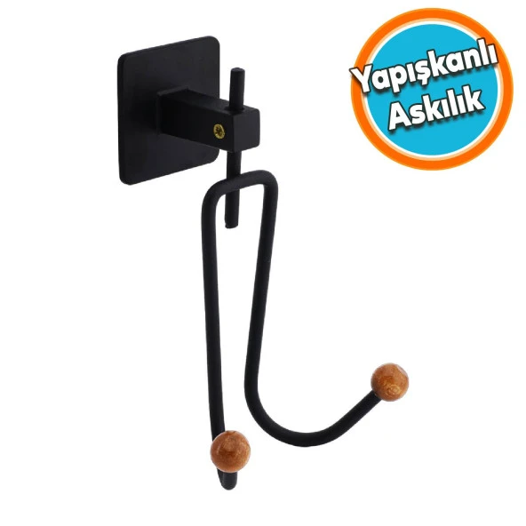Yapışkanlı Dekoratif Siyah Metal Uzun Çatal 2li Askılık Sağlam Banyo Lavabo Aparat Bornoz Havlu Asma Askı ürün görseli 1