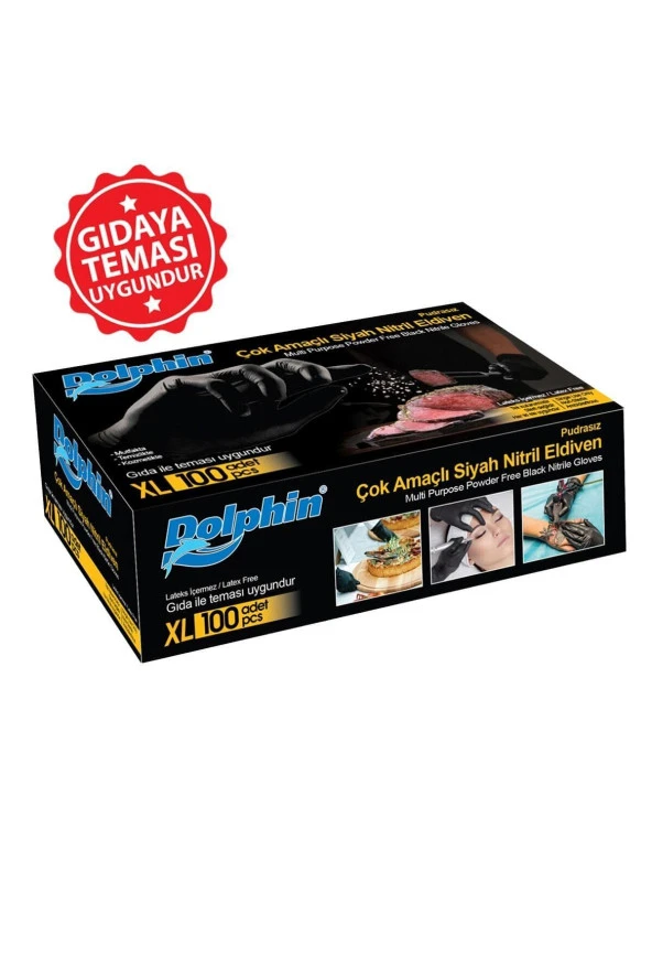 Dolphin Çok Amaçlı Siyah Nitril Eldiven (XL) 100lü (Gıdaya Uygun) ürün görseli 1
