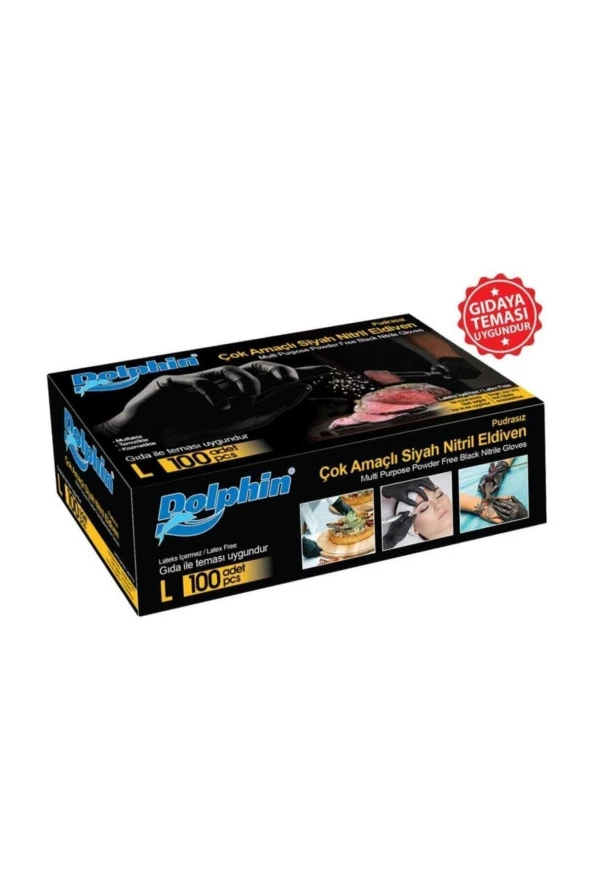Dolphin Çok Amaçlı Gıdaya Uygun Siyah Nitril Pudrasız Eldiven 100'lü-large ürün görseli 1