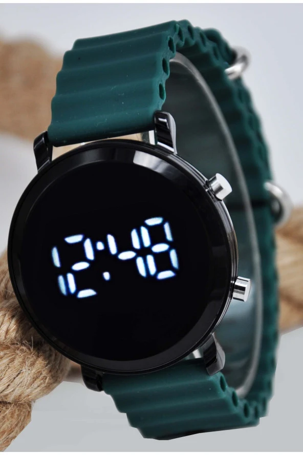 Koyu Yeşil Renk Silikon Kordonlu Tuşlu Led Unisex Kol Saati SU-905 ürün görseli 1