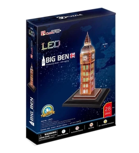 CubicFun 3D 28 Parça Puzzle Big Ben Saat Kulesi - İngiltere(Led Işıklı) ürün görseli 1