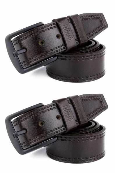 2 Adet Hakiki Deri Erkek Kemer 4,5 cm Dikiş Desenli Kahverengi ürün görseli 1