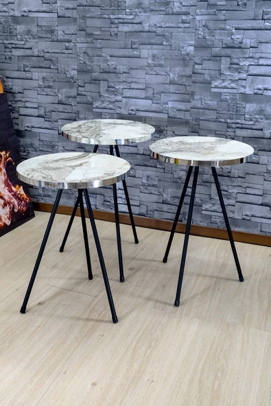 Zigon Sehpa 3'lü Siyah Metal Ayak Gümüş Efes 1071 ürün görseli 1