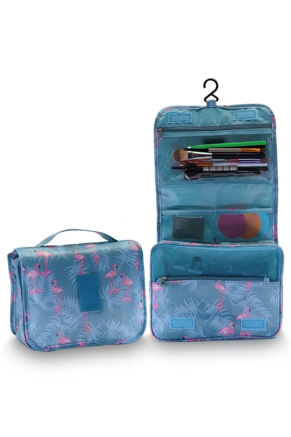 Çok Fonksiyonlu Askılı Makyaj Çantası Flamingo Desen ( Büyük Boy ) ürün görseli 1