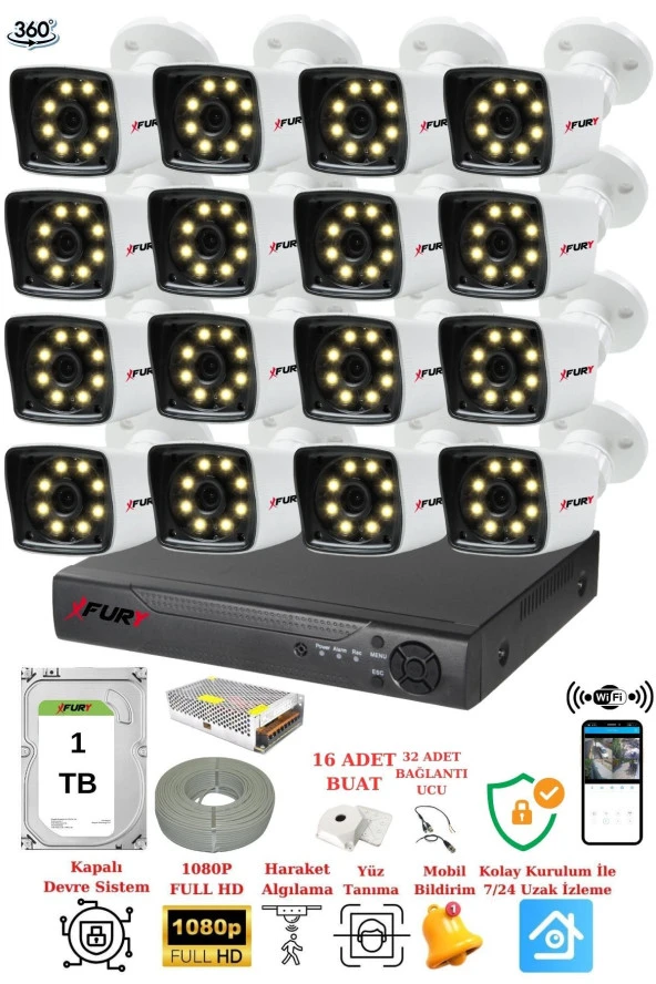 FURY 16 Kamera 5mp Lens 1080p 2mp Color Görüntü 8 Warm Led Gece Görüş FullHd Güvenlik Kamera 25W 1TB ürün görseli 1