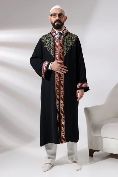 Siyah Hakim Yaka Erkek Namaz Elbisesi Şerit Nakış İşlemeli İmam Cübbesi ürün görseli 1