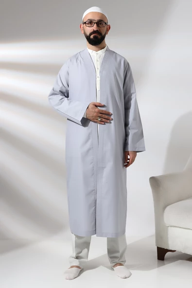 Gri Erkek Namaz Elbisesi V Yaka Düğmesiz Önü Açık Namaz Cübbesi ürün görseli 1