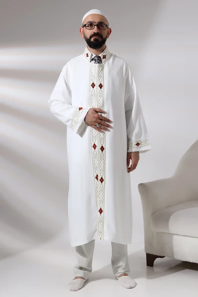 Beyaz Erkek Namaz Elbisesi Desen İşlemeli Hakim Yaka İmam Cübbesi ürün görseli 1