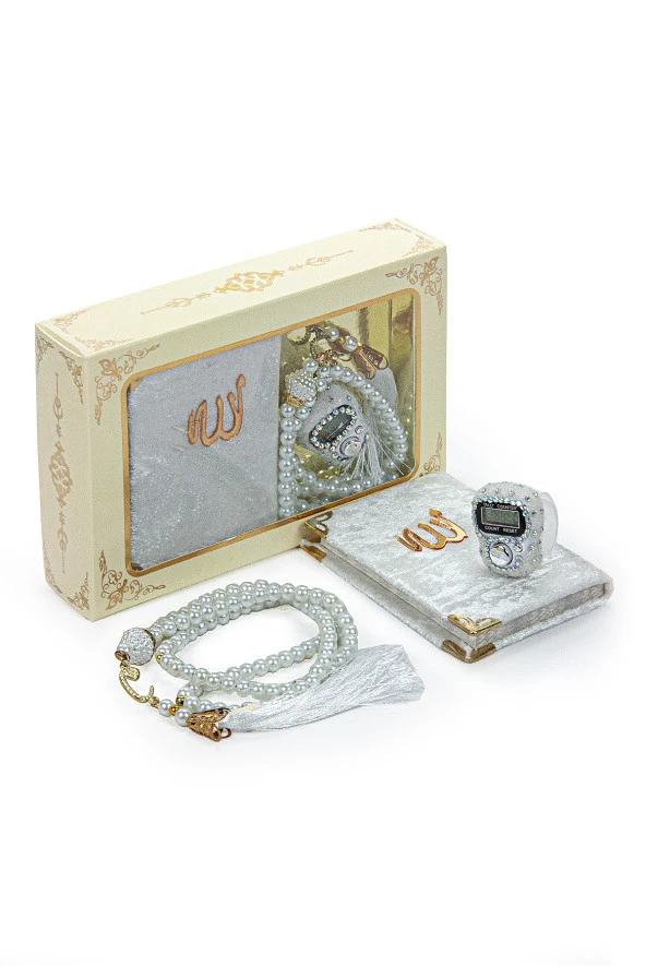 Taşlı Zikirmatik - Mini Kadife Yasin - İnci Tesbihli Hediyelik Set - Beyaz Renk ürün görseli 1