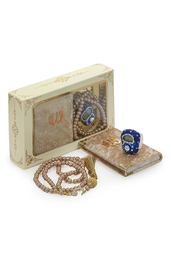 Lacivert Taşlı Zikirmatik - Mini Kadife Yasin - İnci Tesbihli Hediyelik Set - Gold Renk ürün görseli 1