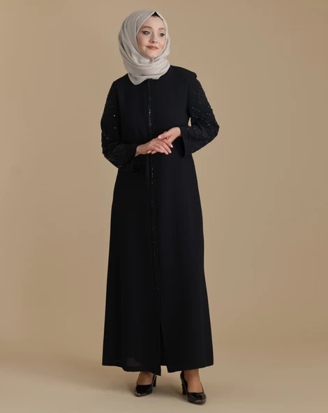 Siyah Kolları Kristal Taşlı Fermuarlı Tesettür Ferace ürün görseli 1