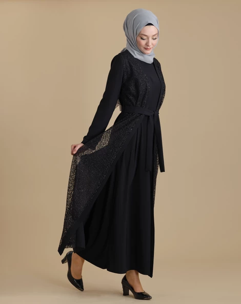Siyah İkili Abaya Transparan Kristal Taşlı Kemerli Tesettür Ferace ürün görseli 1