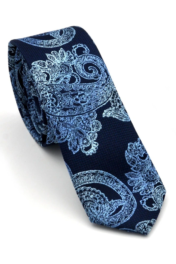 Mavi Şal Desenli Lacivert Dokuma Kumaş Mendilli Slim Fit Kravat  // SDK-240113 ürün görseli 1