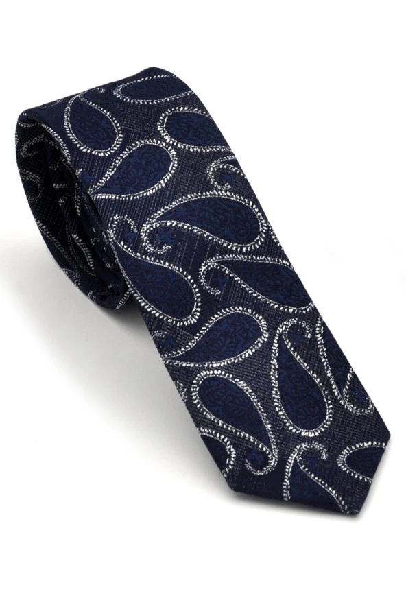 Füme Gri Şal Desenli Lacivert Dokuma Kumaş Mendilli Slim Fit Kravat  // SDK-240112 ürün görseli 1