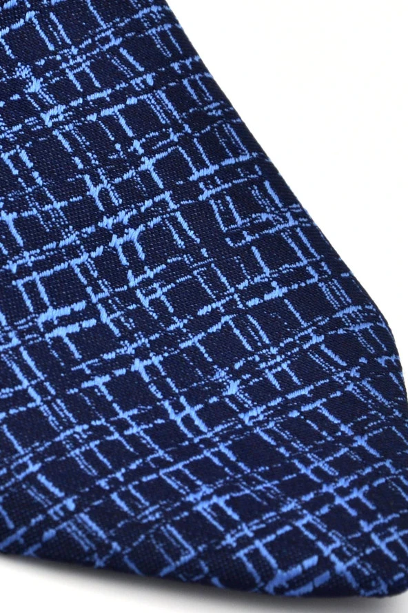 Mavi Desenli Lacivert Dokuma Kumaş Mendilli Slim Fit Kravat // SDK-240110 ürün görseli 1