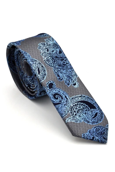 Mavi Lacivert Şal Desenli Gri Dokuma Kumaş Mendilli Slim Fit Kravat  // SDK-240115 ürün görseli 1