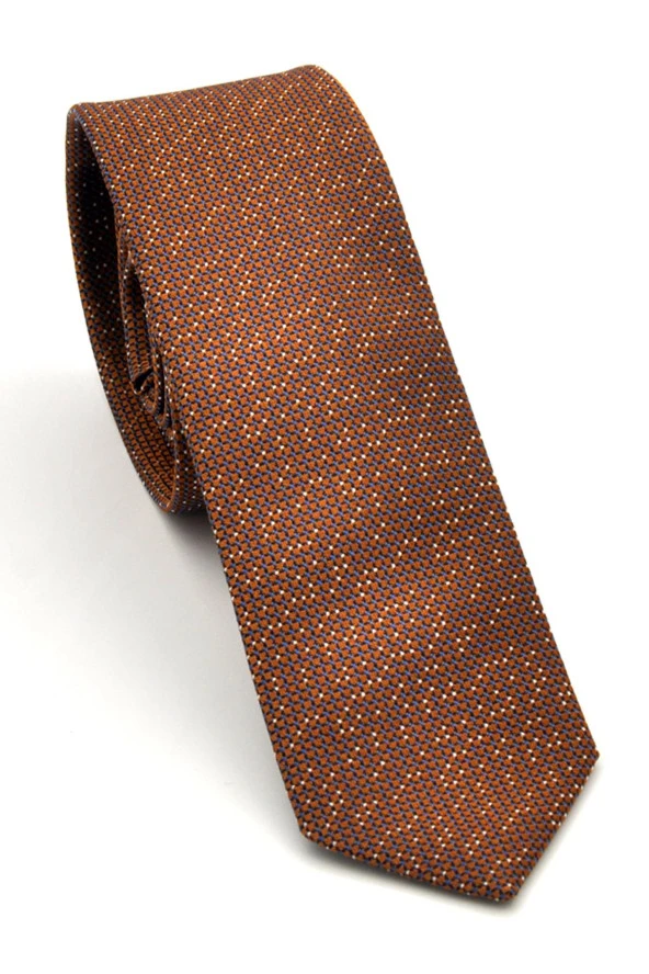 Beyaz Noktalı Mavi Kareli Kahverengi Dokuma Kumaş Mendilli Slim Fit Kravat // SDK-240101 ürün görseli 1
