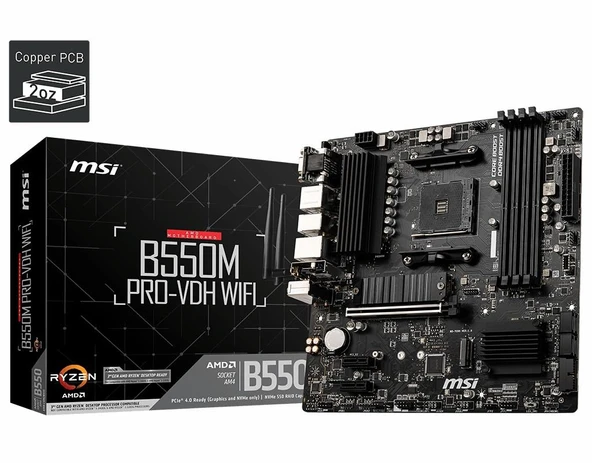 MSI B550M PRO-VDH WIFI B550 DDR4 Vga GLan mATX HDMI DVI M.2 USB3.2 WIFI AM4 AMD Anakart ürün görseli 1