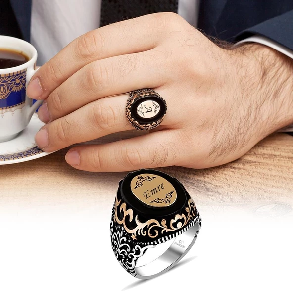 Plaka İsimli Siyah Onix Taşlı 925 Gümüş Erkek Yüzük ürün görseli 1