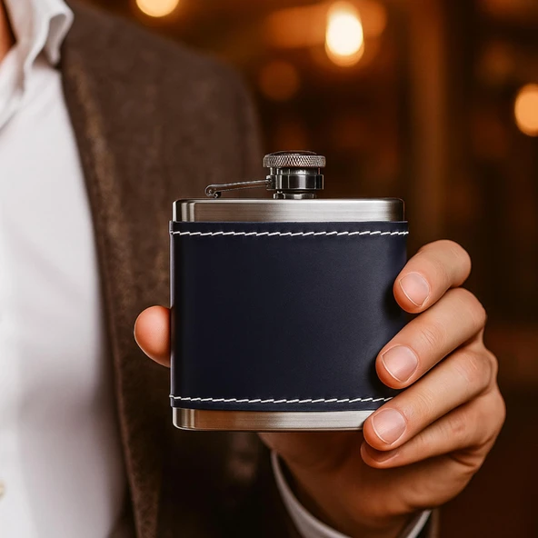 Perlotus 5 Oz-150 cc Hunili Lacivert Premium Deri Kılıf Çelik Viski İçki Konyak Matarası ürün görseli 1