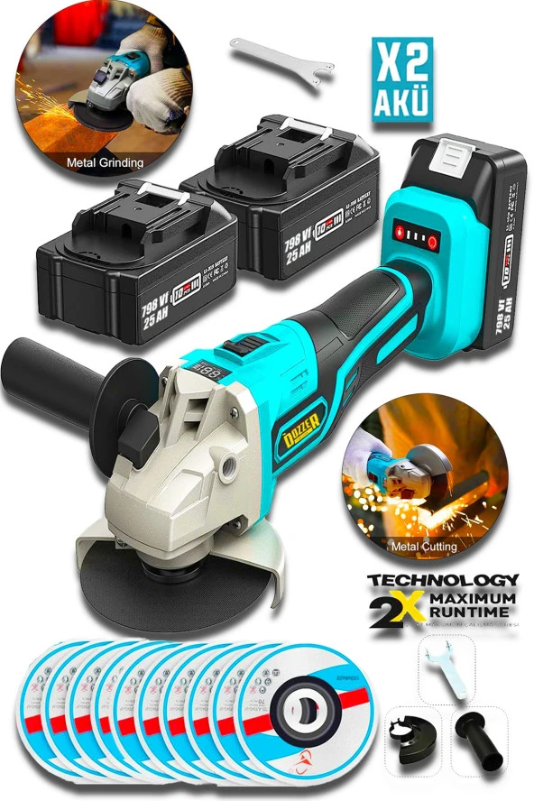 DOZZER Alman 721V 3 Ah Kömürsüz Motor 115 MM Akülü Avuç İçi Taşlama Makinesi +10 Taş ürün görseli 1