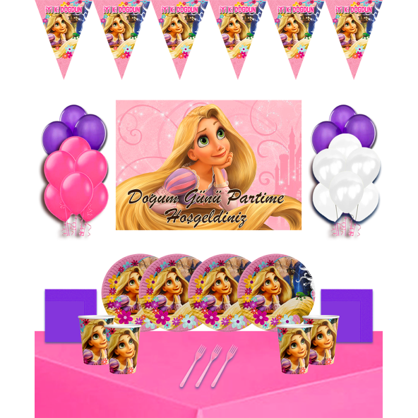 Rapunzel Disney Afişli 8 Kişilik Doğum Günü Parti Süsleri Malzemeleri Seti ürün görseli 1