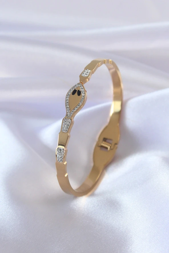 316L Çelik Gold Renk Yılan Model Zirkon Taş Detay Kadın Kelepçe - TJ-BB5054 ürün görseli 1