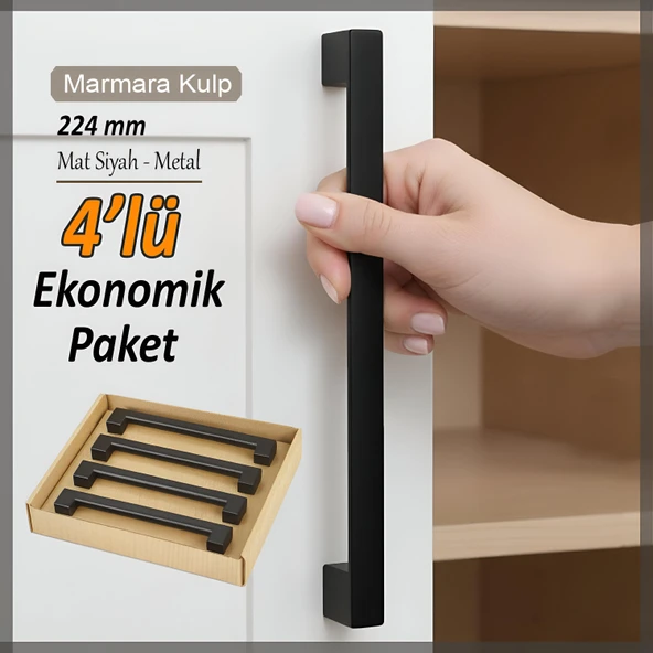 4 Adet Marmara Kulp 224 mm Siyah Mutfak Kulpu Çekmece Dolap Kapak Kulbu Metal  Mobilya Dolabı Kulp ürün görseli 1