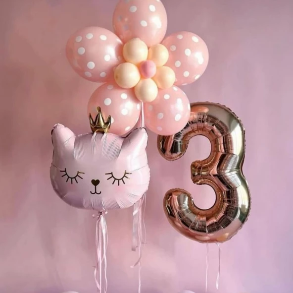 Rose Gold Üç Yaş Kedi Balon Seti ürün görseli 1