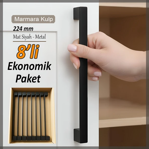 8 Adet Marmara Kulp 224 mm Siyah Mutfak Kulpu Çekmece Dolap Kapak Kulbu Metal  Mobilya Dolabı Kulpları ürün görseli 1