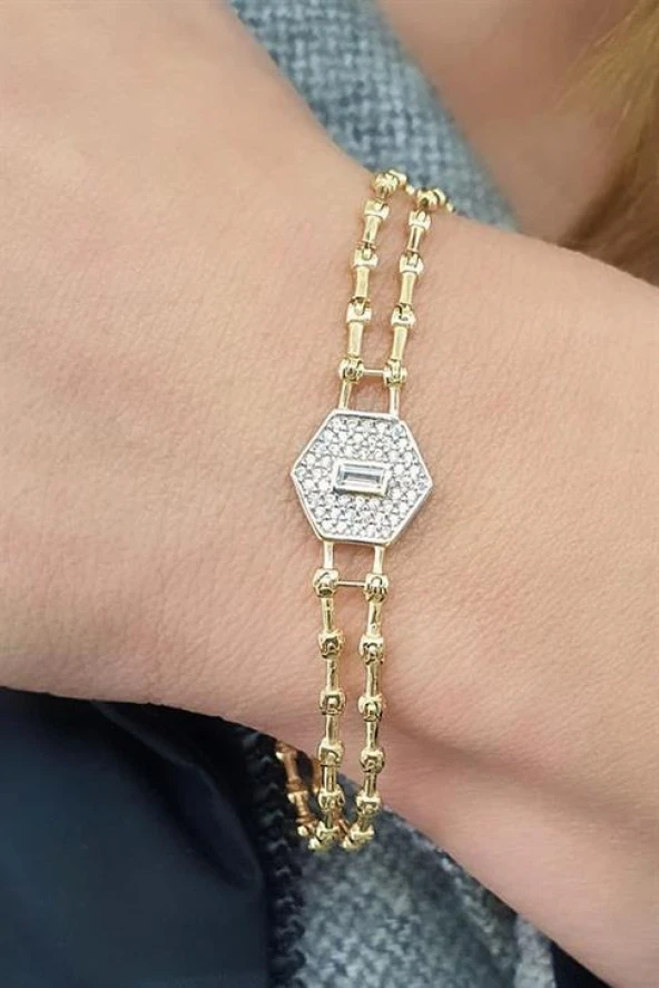Zirkon Taşlı 925Ayar Gümüş Üzerine Altın Kaplama Luxury Tasarım Şık Bileklik ürün görseli 1
