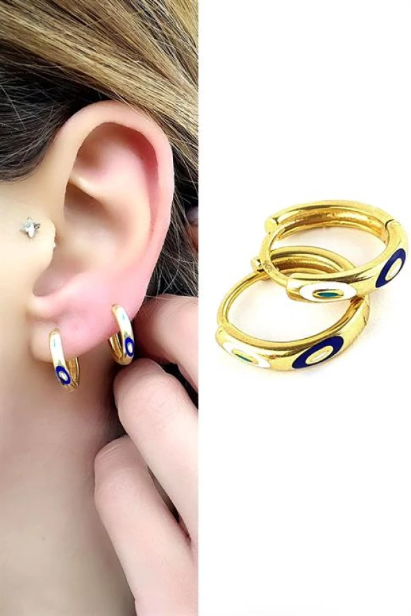 Mineli Nazar Boncuklu 925 Ayar Gümüş Üzerine  Altın Kaplama Bonita Trend Halka Küpe 1.5 Cm Çap ürün görseli 1