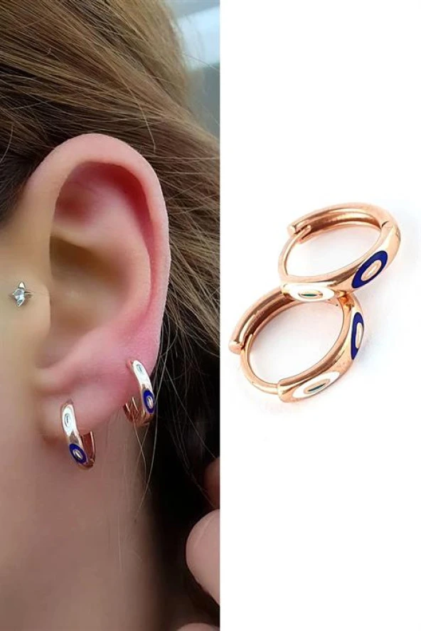 Mineli Nazar Boncuklu 925Ayar Gümüş Üzerine Rose Altın Kaplama Bonita Trend Halka Küpe ürün görseli 1