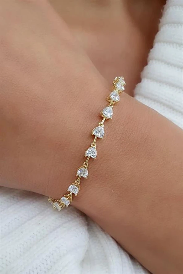 Swarovski Taşlı 925Ayar Gümüş Üzerine Altın Kaplama Kalp Su Yolu Bileklik ürün görseli 1