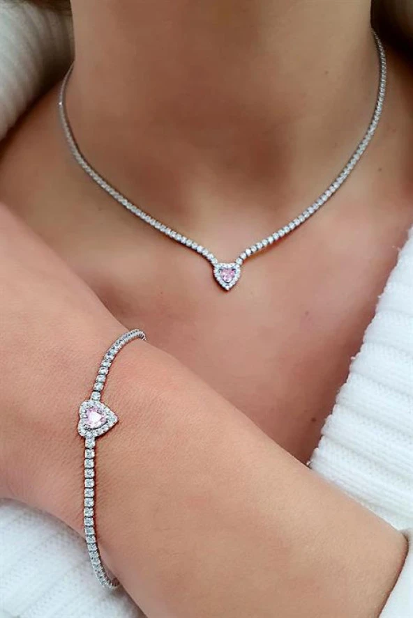 Pembe Zirkon Taşlı 925Ayar Gümüş Su Yolu Bileklik Kolye Set Takım Kolye ürün görseli 1