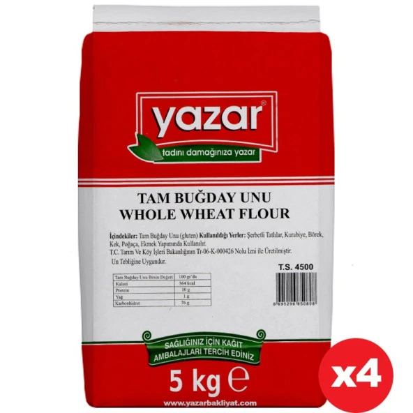 Yazar Taş değirmende Öğütülmüş Tam Buğday Unu 5 Kg X 4 Paket ürün görseli 1