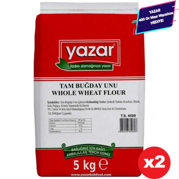 Yazar Taş Değirmende Öğütülmüş Tam Buğday Unu 5 Kg X 2 Paket ürün görseli 1