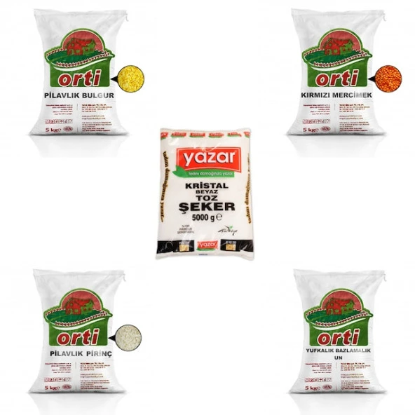 Orti 5kg K.Mercimek+5kg P.Bulgur+5kg P.Pirinç+5kg Çok Amaçlı Un+5kg Toz Şeker=25 Kg Toplam ürün görseli 1