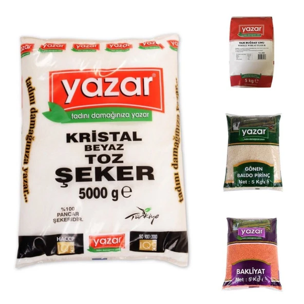 Yazar Kuru Gıda Setı 5kg Gönen Baldo 5kg Kırmızı Mercimek 5Kg Tam Buğday Unu 5Kg Toz Şeker ürün görseli 1