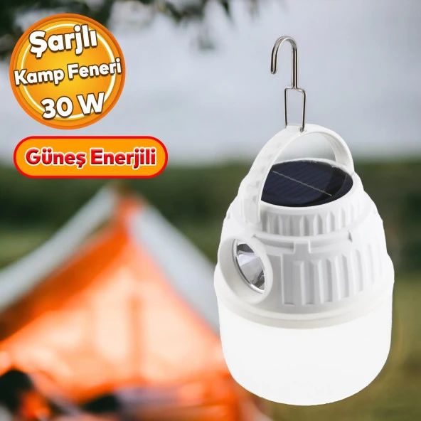 Dekoratif Kamp Lambası Led Beyaz Işıklı El Feneri Şarjlı Işıldak Portatif 30 W Şarj Güneş Enerjili ürün görseli 1