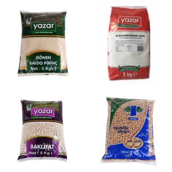 Yazar Kuru Gıda Seti 5KG Gönen Baldo Pirinç+5KG Karabuğday Unu+5KG Fasulye+5KG Nohut =20kg ürün görseli 1
