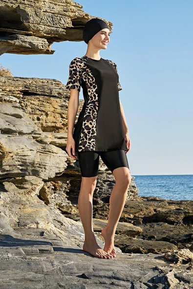 Ruko Maio 23146 Leopar Reglan Yarım Kollu Yarı Tesettür Mayo ürün görseli 1