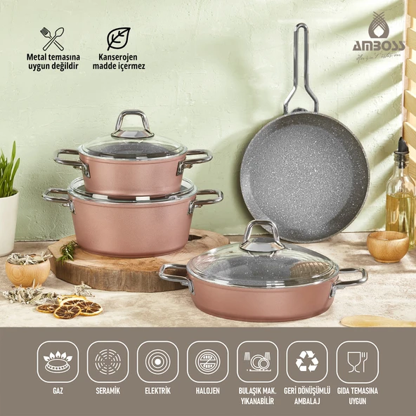 Amboss Crystal 7 Parça Granit Çift Renkli Tencere Seti - Rose Gold ürün görseli 1