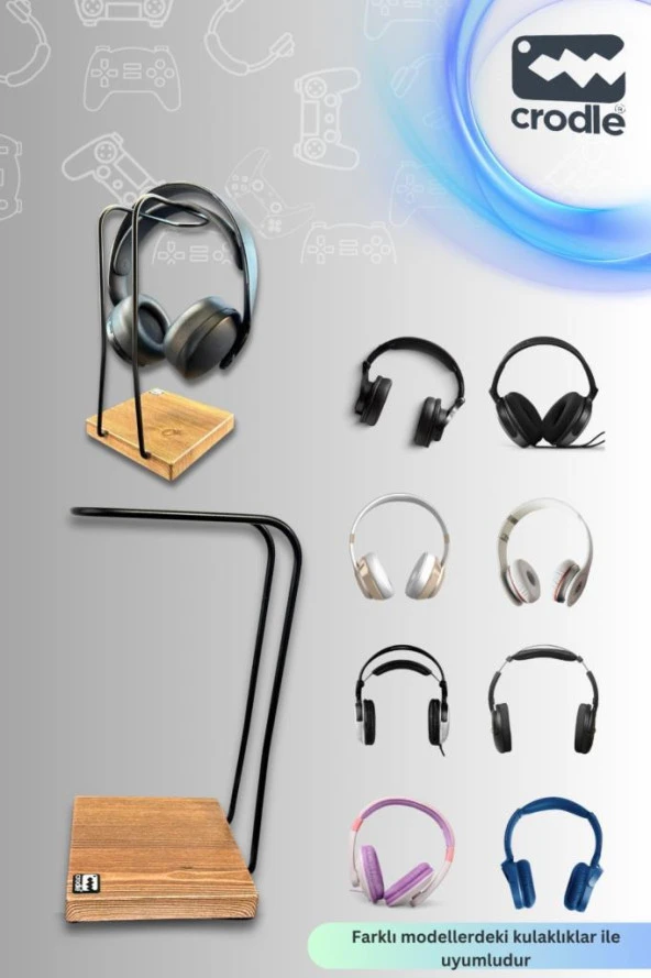 Ceviz Ahşap Ve Siyah Metal Gaming Kulaklık Dikey Standı ürün görseli 1