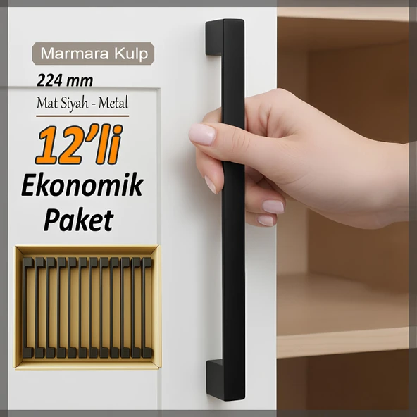 12 Adet Marmara Kulp 224 mm Siyah Mutfak Kulpu Çekmece Dolap Kapak Kulbu Metal  Mobilya Dolabı Kulp ürün görseli 1
